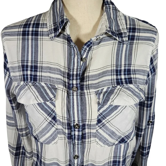 Girl Crazy Juniors Classic Long Sleeve Button Down, Blue/White Plaid, Medium - Picture 2 of 12